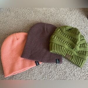 Set of Three Knit Beanies - Pink, Brown, and Green CC and hang ten